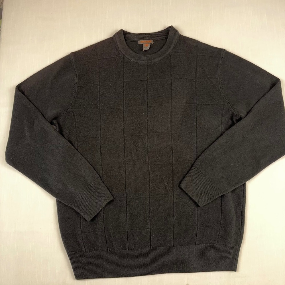 Dockers Mens Large Black Textured Grid Check Crew Neck Acrylic Sweater